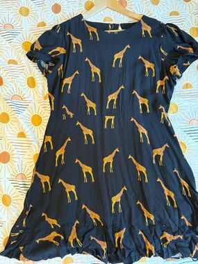 Sugarhill Black Midi Dress with Yellow Giraffe Print
